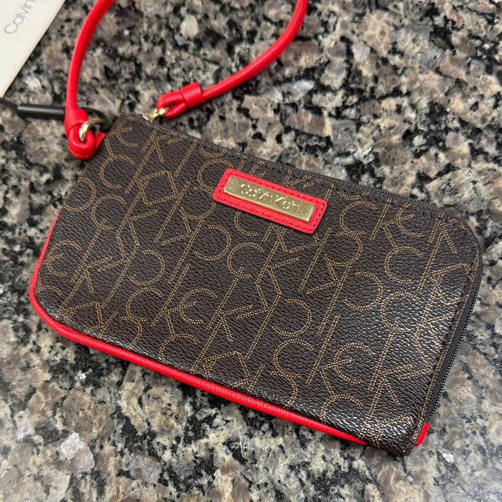 Calvin Klein Logo Wristlet in Brown and Red NWT - Picture 4 of 16